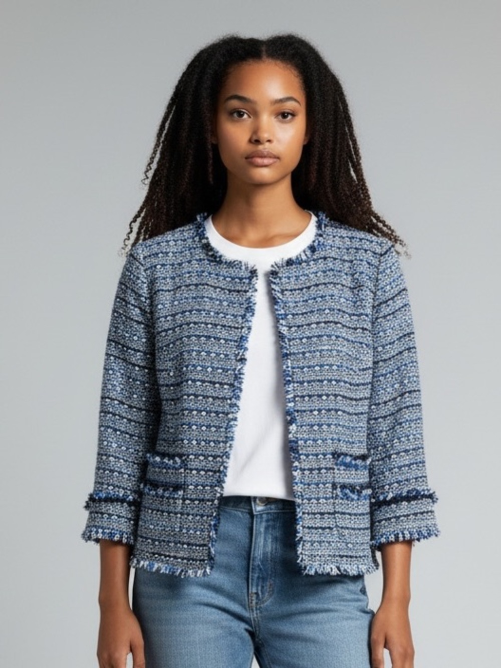 Boden Blue Tweed Fringe-Trim Open Jacket